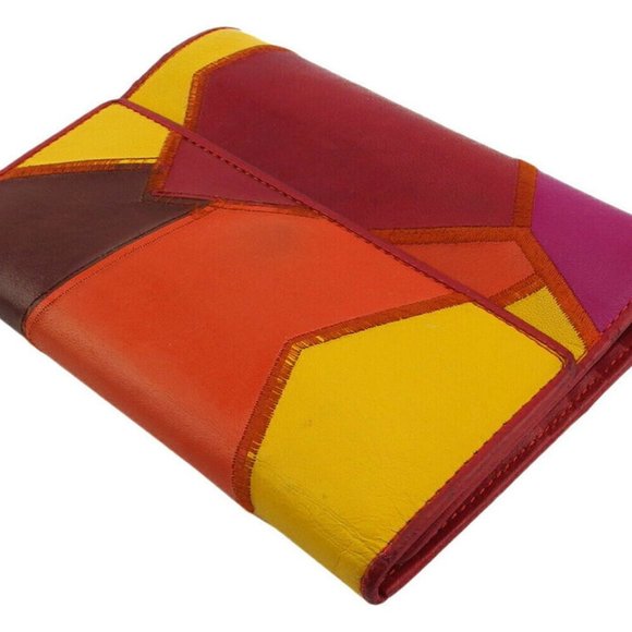 Auth SAINT LAURENT tri-fold wallet patchwork orange leather - Picture 6 of 9